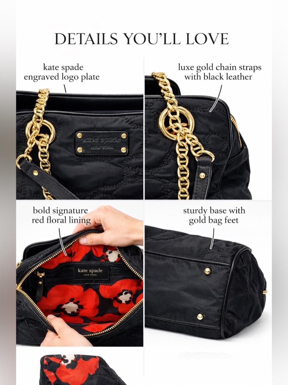 Perfect grab n go Kate Spade shoulder bag quilted nylon black chain strap purse - Picture 3 of 9